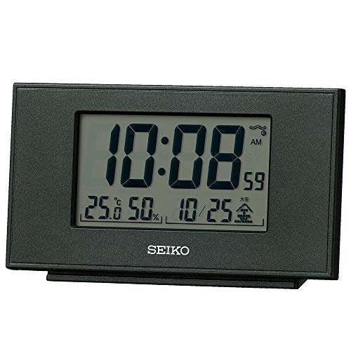 セイコークロックSeiko Clock 置き時計 黒メタリック 本体サイズ:7.8×13.5×3.8cm 目覚まし時計 電波 デジタル カレンダー 温度 湿度 表示 SQ790K