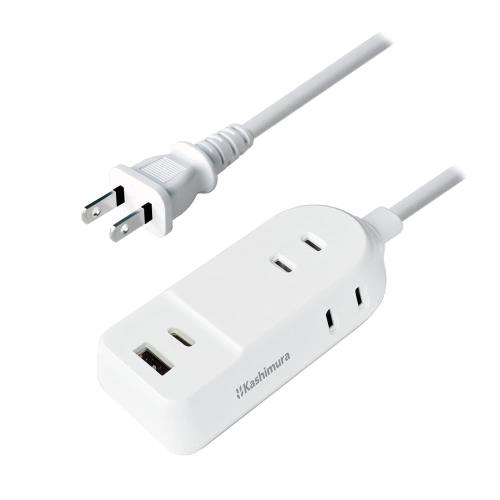 カシムラ 国内・海外両用電源タップ 100〜240V入力対応 コード1m AC3 A/C 2P 2.4A ACコンセント3口合計1400W / USB2ポート 合計最大出力12W5V2.4A USB-