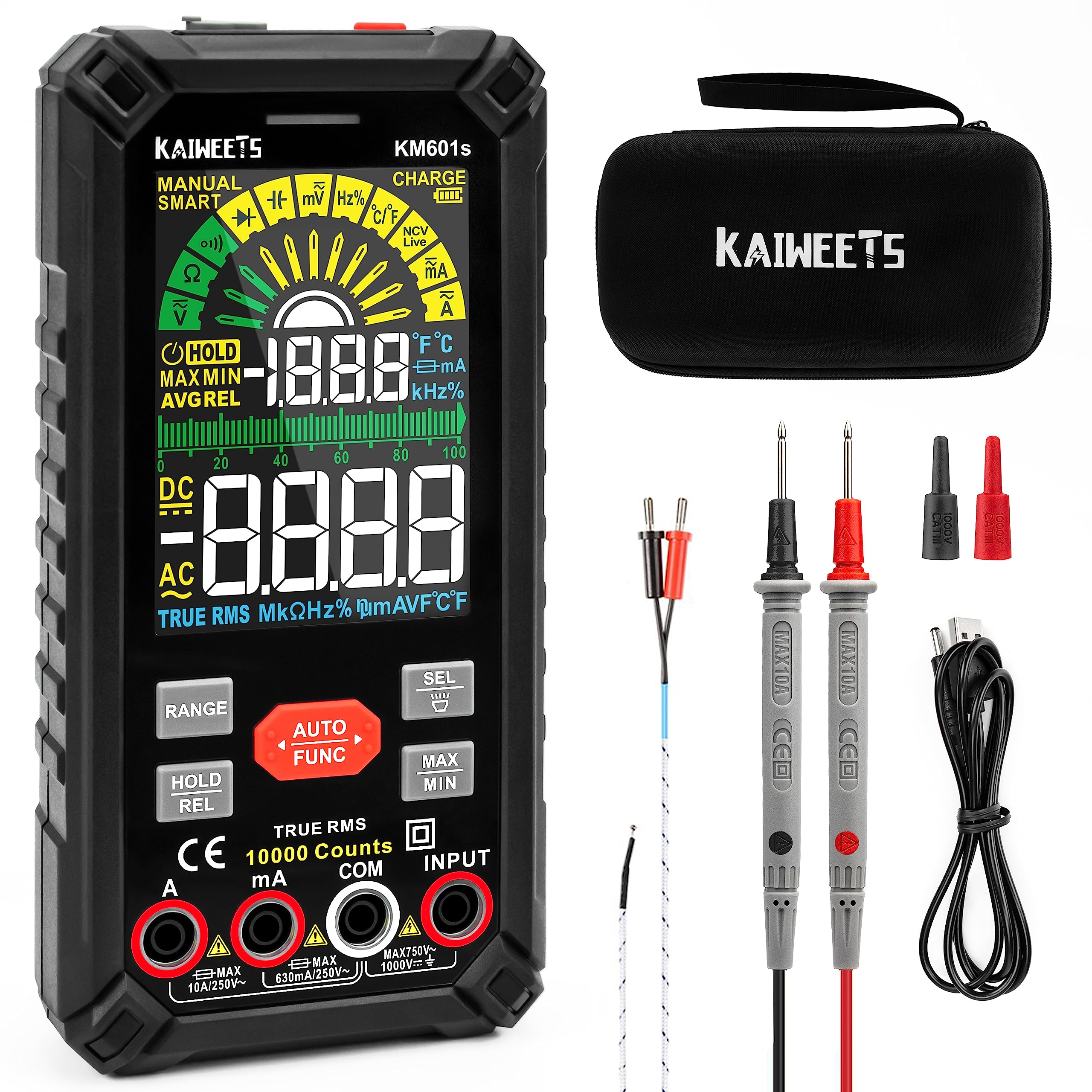 KAIWEETS テスター 充電式 10000カウント 大画面 スマートマルチメータ デジタル 直流/交流電圧 抵抗 導通 電流 静電容量 ダイオード デューティ比 温度測定 KM601s