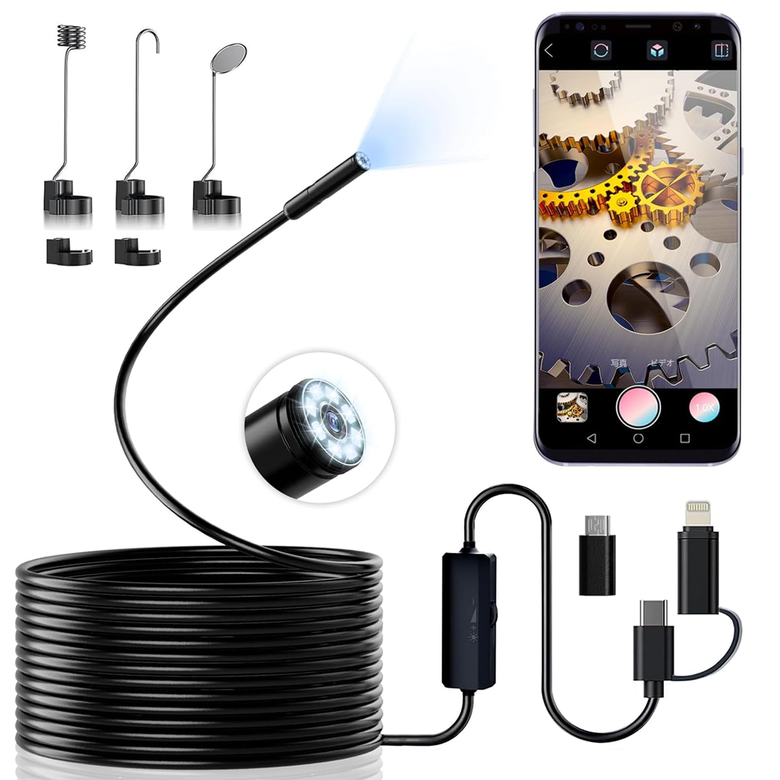 2024最新型＆300万画素Toyone ファイバースコープ充電不要 WIFI不要1920P内視鏡カメラIP67防水 USB/Type-C/Lightning 接続 7.9mmマイクロカメラ8個LED