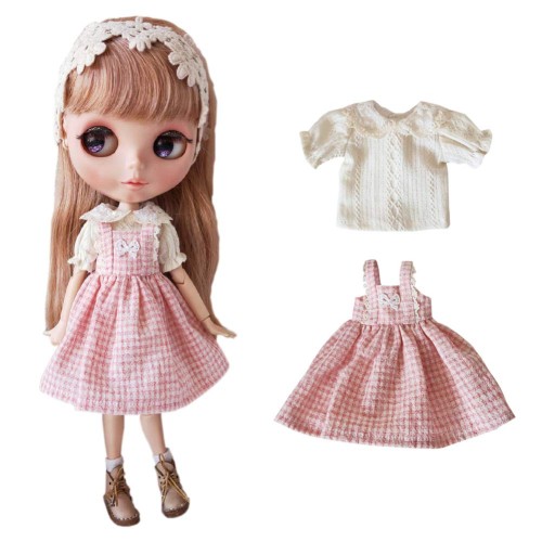 rakulifey ブライス衣装 ドレス シャツ ブライスドール服 リカちゃん オビツ24通用 ２点セット (ピンク)