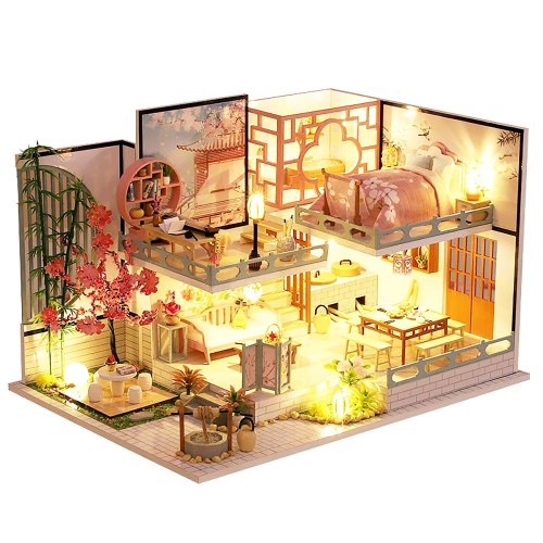moin moin ドールハウス ミニチュア 手作りキット セット DIY 二階建てモデルルーム風 中華 中国風 チャイナ 桜 竹 大型 じっくり楽しめる 1/24 LEDライト + アクリルケース/