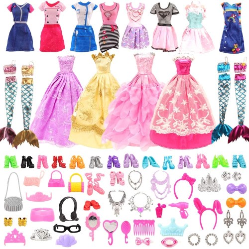 Barwawa 30cmドール用服 人形用 服 62セット＝ランダム4枚ワンピース+4枚ドレス+4枚人魚ドレス+10靴+40個アクセサリー 1/6人形適用 子供の日