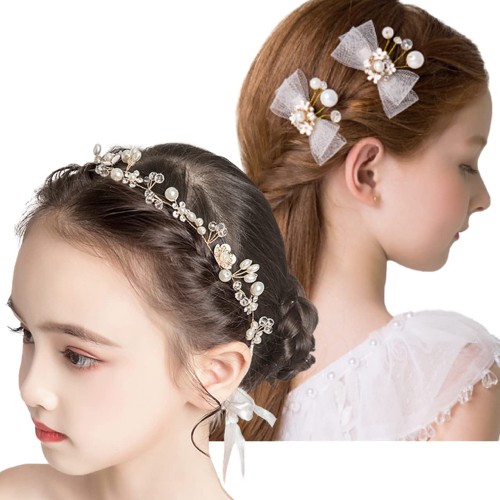VICHE CATT ヘッドドレス ヘアアクセサリー 2個 3点セット 髪飾り リボン カチューシャ バレッタ キッズ 発表会 結婚式 (3点セット)