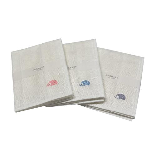 かや生地ふきん 3枚組 かわいい ハリネズミ柄 刺繍 3色 日本製 30x30cm 蚊帳 布巾 キッチン用品 台所用品 日用品 台ふき ふきん キッチンクロス, kayahari3c