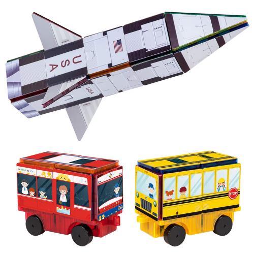 Picasso Tiles マグネット組み立てブロック 乗り物セット ロケット スクールバス 電車 初期教育 STEM教育 3in1 くっつく パズル ごっこ遊び マグネットタイル キッズ 積み木 お