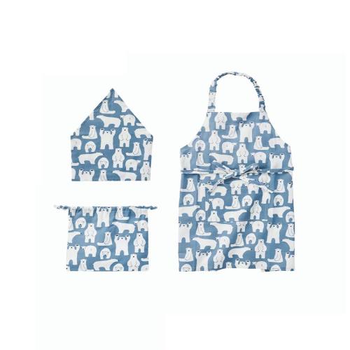 レップ(Rep) habituel(アビチュアル) コニー キッズエプロン3Pセット ブルー しろくま バンダナ・巾着付き 綿100%使用 洗濯機対応 子供用 メンズ レディース 男の子 女の子 学校