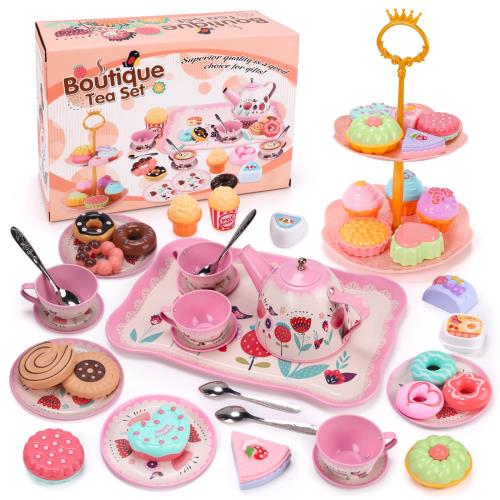 Qizebaby アフタヌーンティーのおもちゃ 48 PCS おままごと セット おもちゃ 屋内ゲーム お茶 ティーポット ティーセット ビスケット ケーキ デザート キャンディー デザートスタンド 