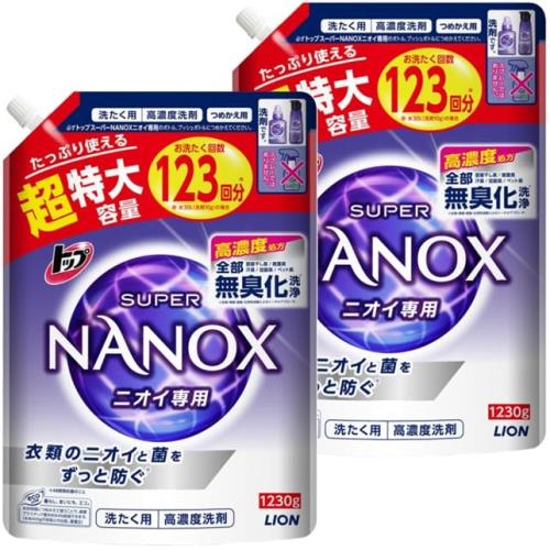 トップ ナノックス(NANOX)大容量トップ スーパーナノックス ニオイ専用 プレミアム抗菌処方 部屋干し 洗剤 蛍光剤無配合 洗濯洗剤 液体 詰め替え 超特大1230g×2